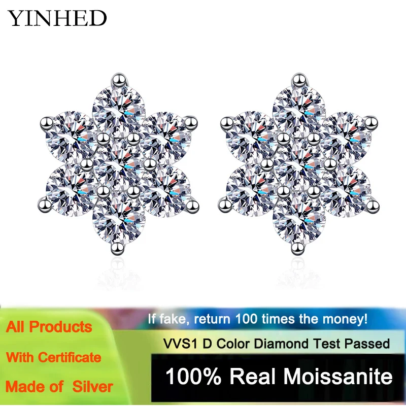 

YINHED Moissanite Stud Earrings 1.4CT White Gold Plated 925 Sterling Silver D VVS1 Lab Diamond Flower Ear Studs For Women