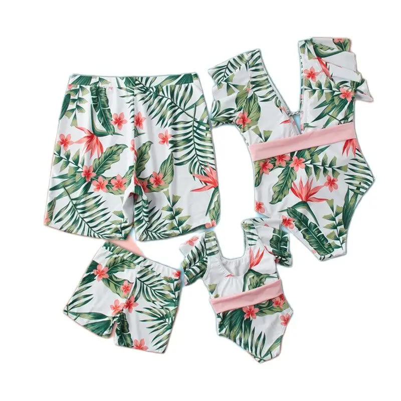 

Семейная Женская одежда, купальник с оборками для мамы и дочки, сексуальное цельное бикини, Купальные пляжные шорты для папы и сына