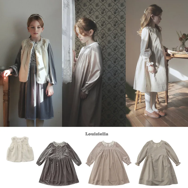 

High Quality 2022 Autumn and Winter New Lou Same Style Girls Retro Velvet Cotton and Linen Dress kids dresses for girls