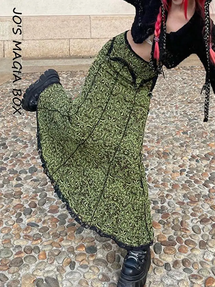 

Jo's Magia Box Patchwork Lace Sexy Long Woman's Skirts 2022 Summer Party Club Y2K Green Fairy Grunge High-Waisted Woman Skirt