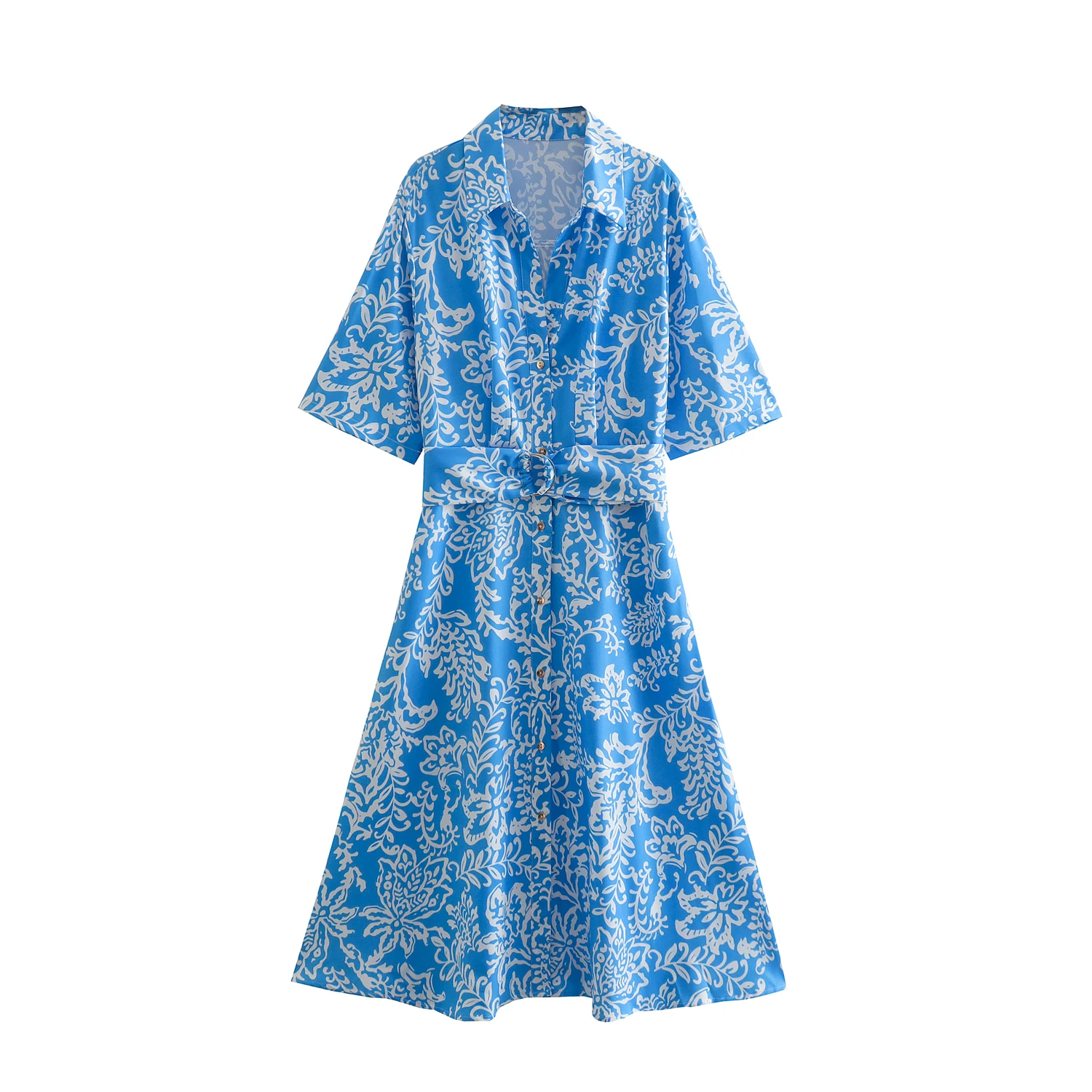 

2022 Women Fashion With Buckle Belt Printed Linen Midi Shirt Dress Vintage Short Sleeve Front Buttons Female Dresses Mujer