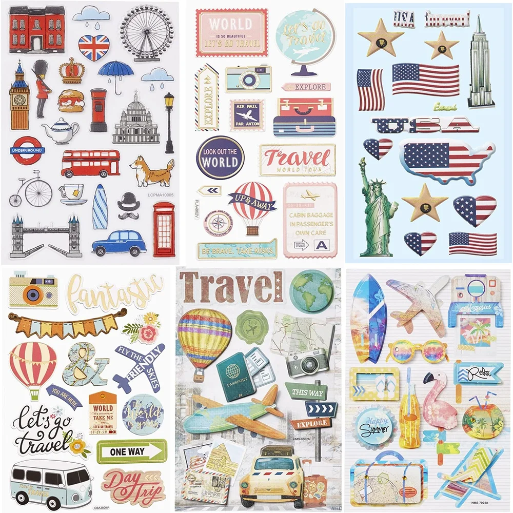

For 6Types World Travel Maps Airplane Air and Famous Buildings Signs Stickers Laptop Car Bicycle Suitcase Computer