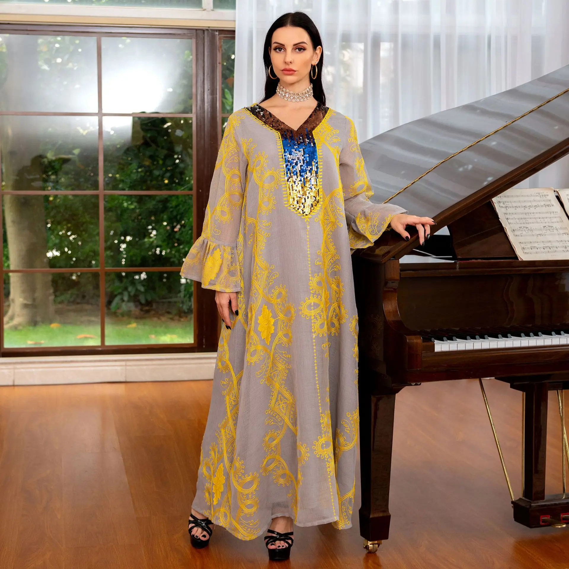 Мусульманская Мода Рамадан ИД весна лето сетка вышитые блестки вышитые платье абайя Дубай мусульманская одежда марокканский кафтан