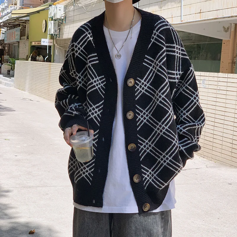 

Vintage Cardigan Oversized Sweater Y2k New Autumn Harajuku Plaid Knitted Sweater Pullover Hip Hop Streetwear Loose Knitwear Tops