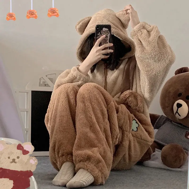 Bear Onesie Women's Plush Anime Cosplay Costumes Winter Flannel Animal Pajamas Long-Sleeve Sleepwear Cartoon Overall Homewear