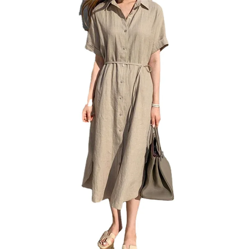 

Khaki Shirt Long Dress for Lady Casual Women Korea Chic Simple Loose Single-breasted Lace-up Short-sleeved Boho Dress