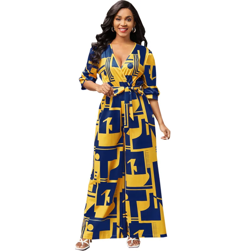 

Fashion Jumpsuit Women Belt 2023 High Quality V Neck Three Quarter Sleeve Long Romper Geometry Print Jumpsut Sexy Party Playsuit