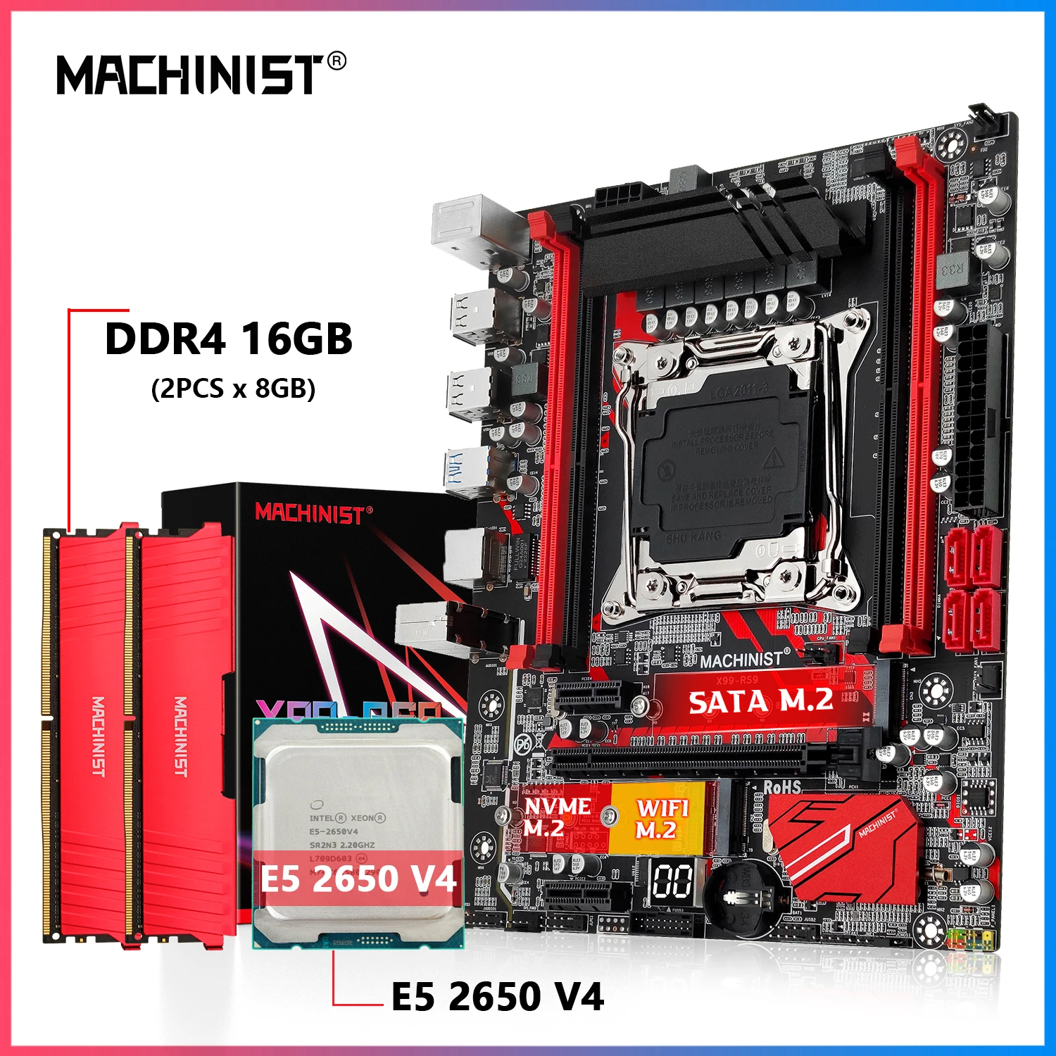 

Комплект материнской платы MACHINIST RS9 LGA 2011-3, процессор Intel Xeon E5 2650 V4 + DDR4, 2 шт. * 8 Гб памяти combo NVME/WIFI M.2