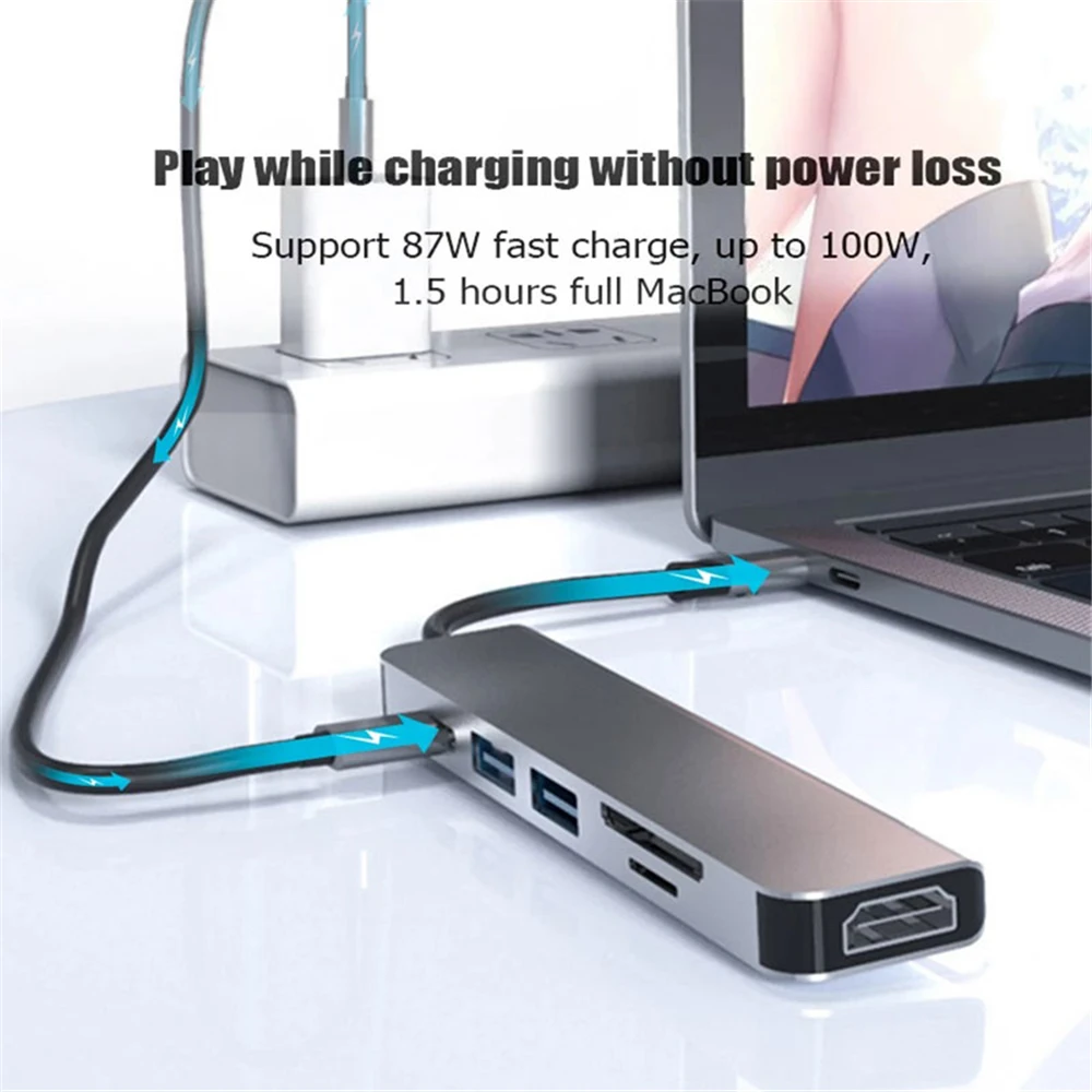 Фото Док-станции 6-в-1 USB C Концентраторы типа C к HDMI 4K HD USB 3.0 SD TF PD 87 Вт USB-разветвитель OTG-адаптер для ноутбука MacBook №3