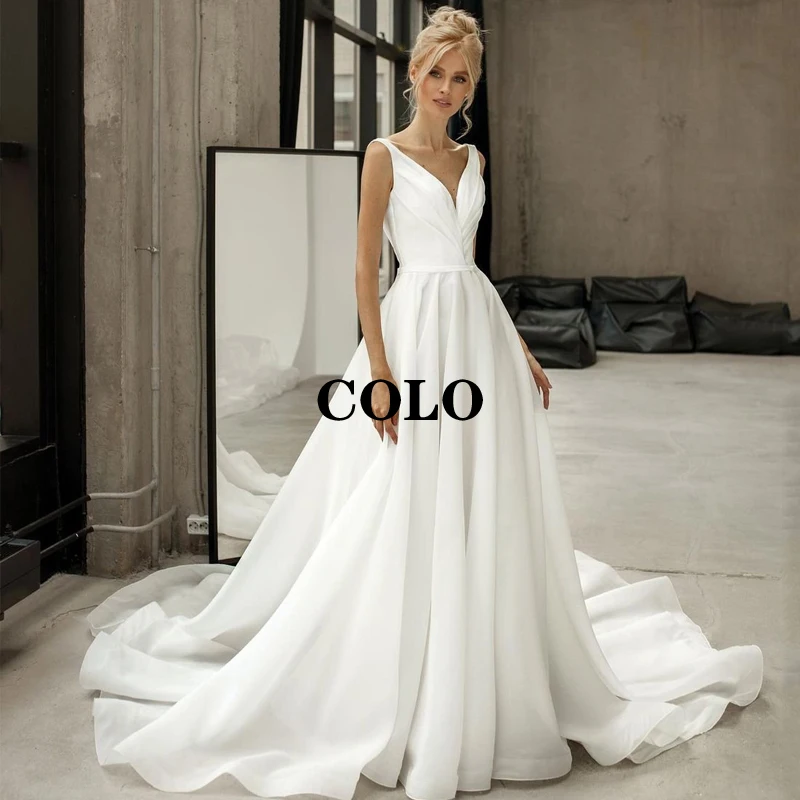 

Wedding Dresses White V-Neck Sleeveless Bride Dress 2022 A-Line Off the Shoulder Lace Up Corset Back Wedding Evening Prom Gowns