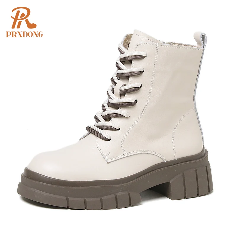 

Женские ботильоны на среднем каблуке PRXDONG, черные или бежевые повседневные ботильоны из натуральной коровьей кожи, на молнии, в стиле панк, р...