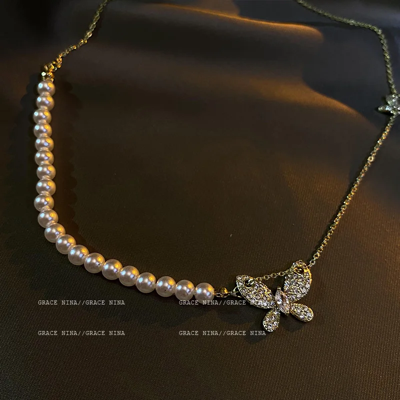 

Ins Elegant Diamond-Studded Butterfly Necklace Light Luxury Niche Design Pearl Clavicle Chain 2022 New Women's Trendy Neck Chain