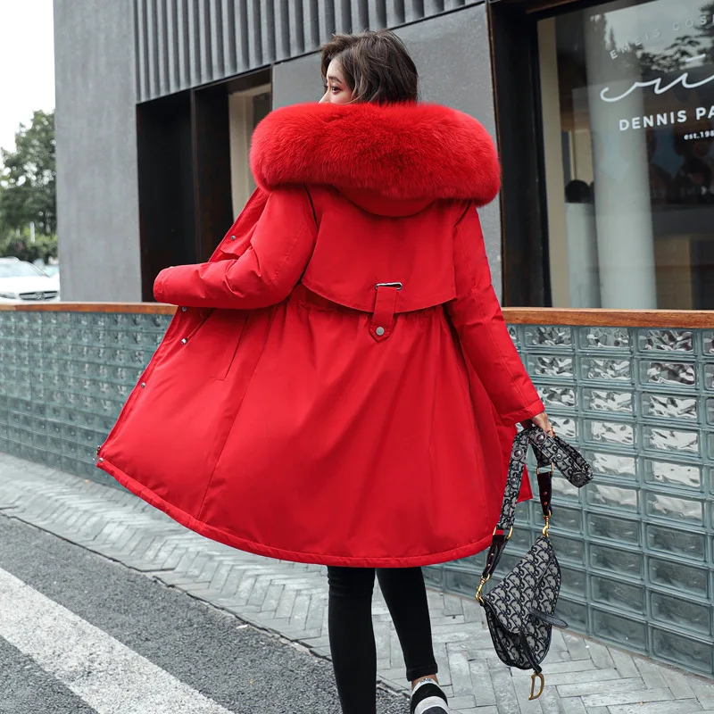 2023 Winter Women Thick Big Fur Coat Hooded Collar Plus Size Down Cotton Liner Jacket Fashion Female Mid-length Outerwear Warm