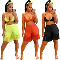 dn8660 ladies sexy two piece summer streetwear fashion solid color bra fringe shorts beach suit women