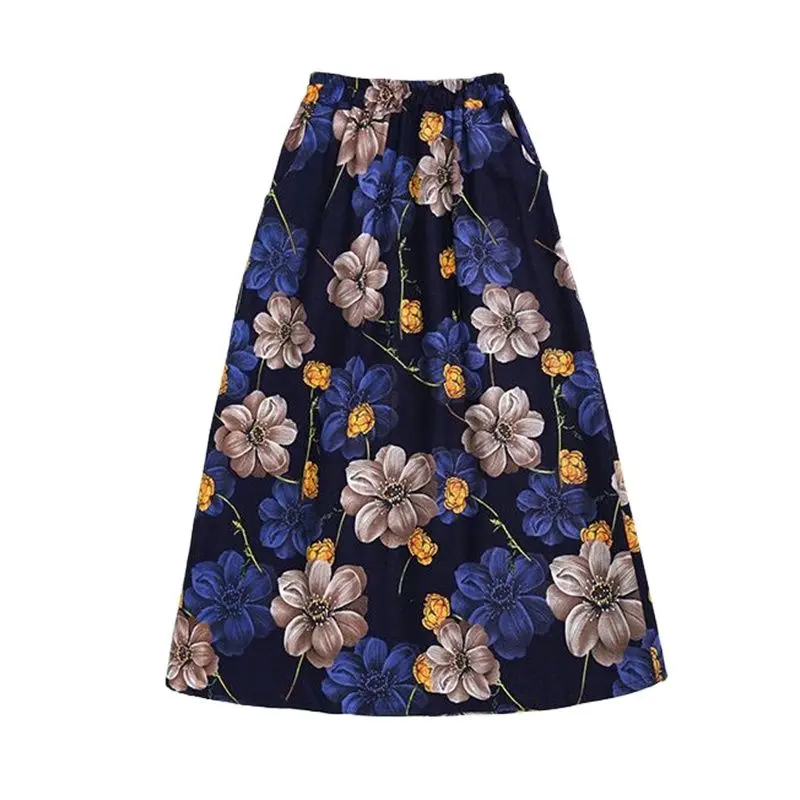 

2023 Vintage Large Size Linen Dance Skirt Women's Clothing Spring Summer Art Pocket High Waist A-line Slim Floral Skirts AC624