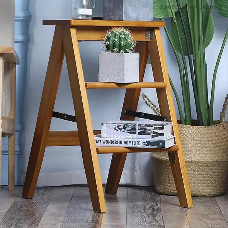 

Folding Solid Wooden Step Stool Dual Purpose Domestic Ladder Kitchen High Bench Three Steps A Small Ladder Bar Stool