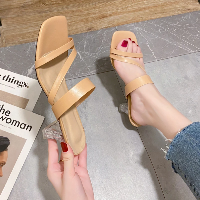 

2022 Women Sandals Chunky Heels Brand Slides Summer Flip Flops Narrow Band Sandal Elegant Mule Shoes Women Slipper Big Size 42