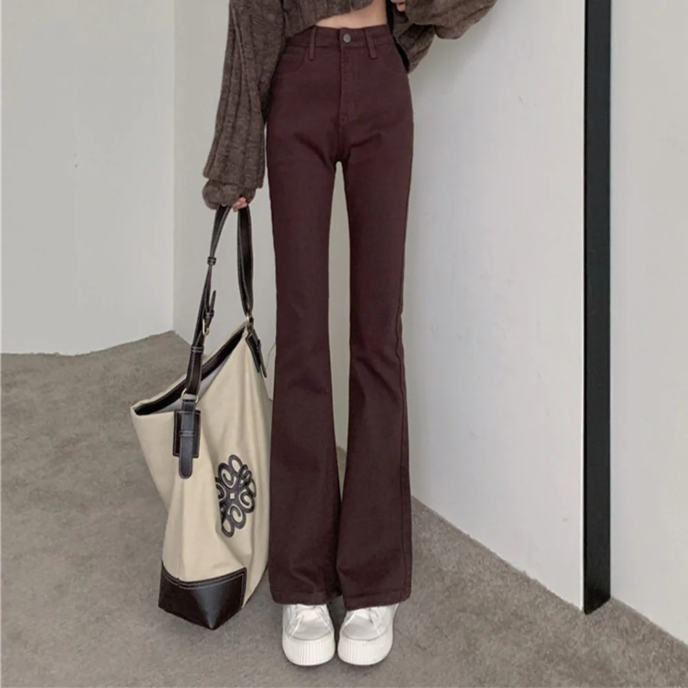 Vintage Y2K New Jeans Brown Slightly Flared Jeans for Women Slim Flared Trousers High Waist Straight Wide Leg Pants Denim