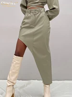 clacive fashion pu leather womens skirt 2021 casual irregular high waisted skirt ladies vintage slim pocket long skirts