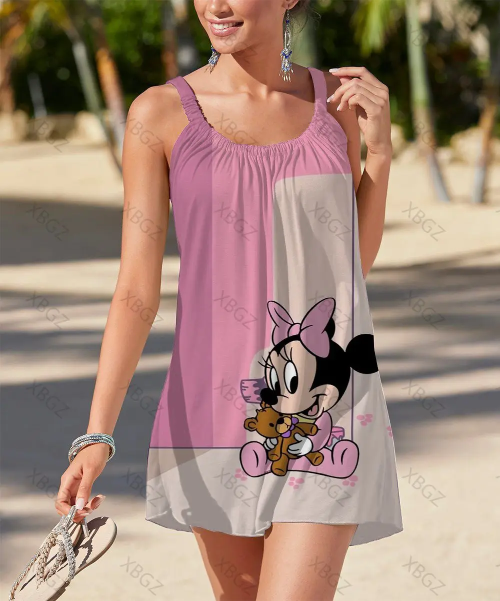 

Minnie Mouse Summer Dresses Woman 2022 Fashion Robe Sexy Dress Cartoon Women's Sleeveless 3D Print Beach Top Disney Loose Sling