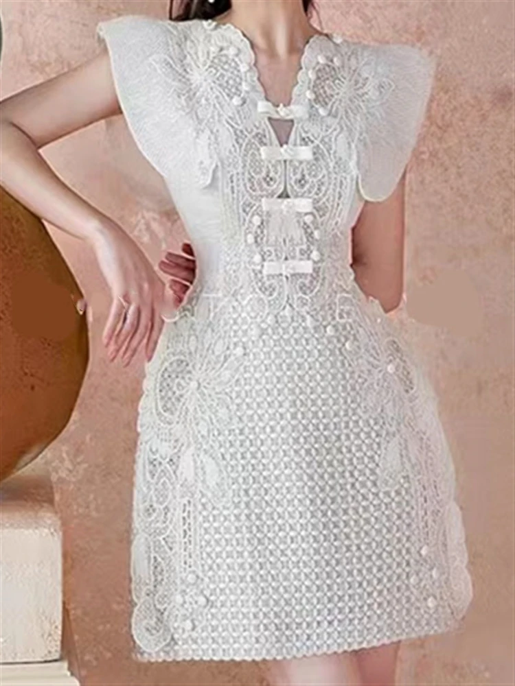 Женское кружевное пляжное платье однотонное белое вечернее без рукавов с