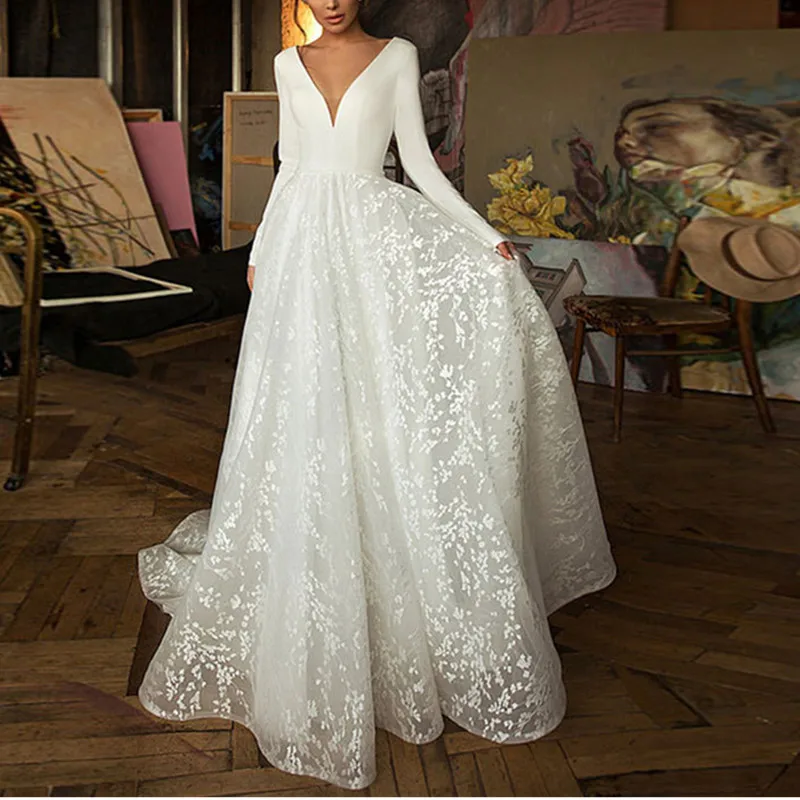 

Women Prom Dresses Long Sleeve V-Neck Backless Elegant Summer A-line Maxi Evening Party Gown Vestidos