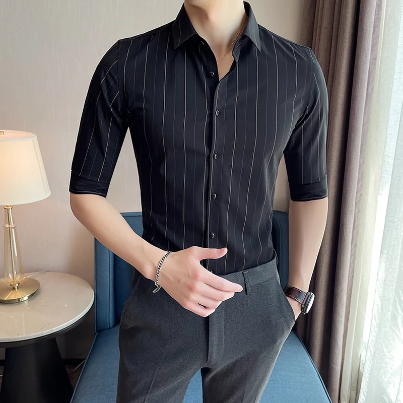2022 Classic Striped Shirts for Men Summer Half Sleeve Slim Casual Shirt Business Formal Dress Shirts Social Party Tuxedo Blouse