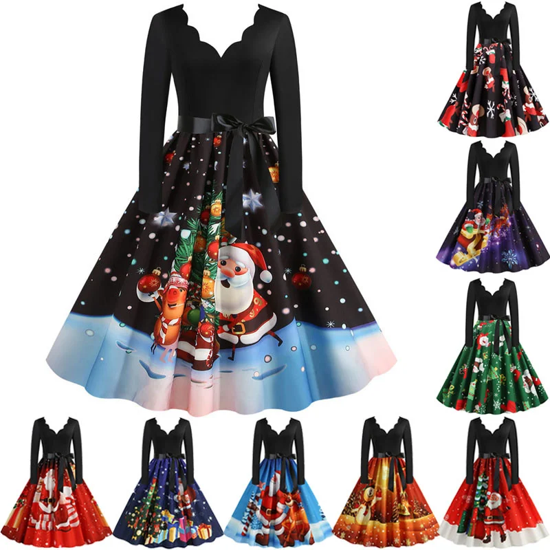

Черное винтажное рождественское платье с большим свободным кроем, Женское зимнее Повседневное платье с длинным рукавом и V-образным вырезом, сексуальное платье для нового года, Размеры S ~ 3XL