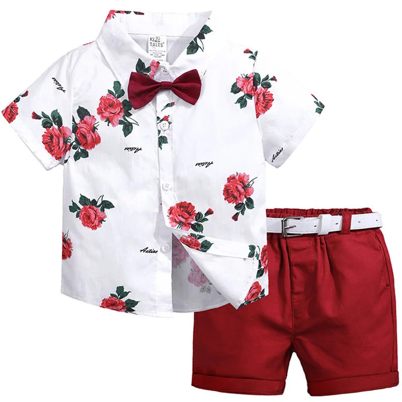 

2020 Summer Baby Boy Clothes Set Gentleman Handsome Print Short Sleeve Bow Polo Shirt and Short Pants Suit Kids Cotton Outfits