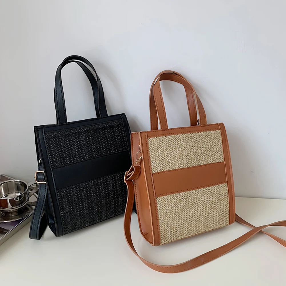 

Модные соломенные женские сумки на плечо, Кожаные плетеные сумки через плечо ручной работы, женские повседневные сращивающиеся цветные тоу...