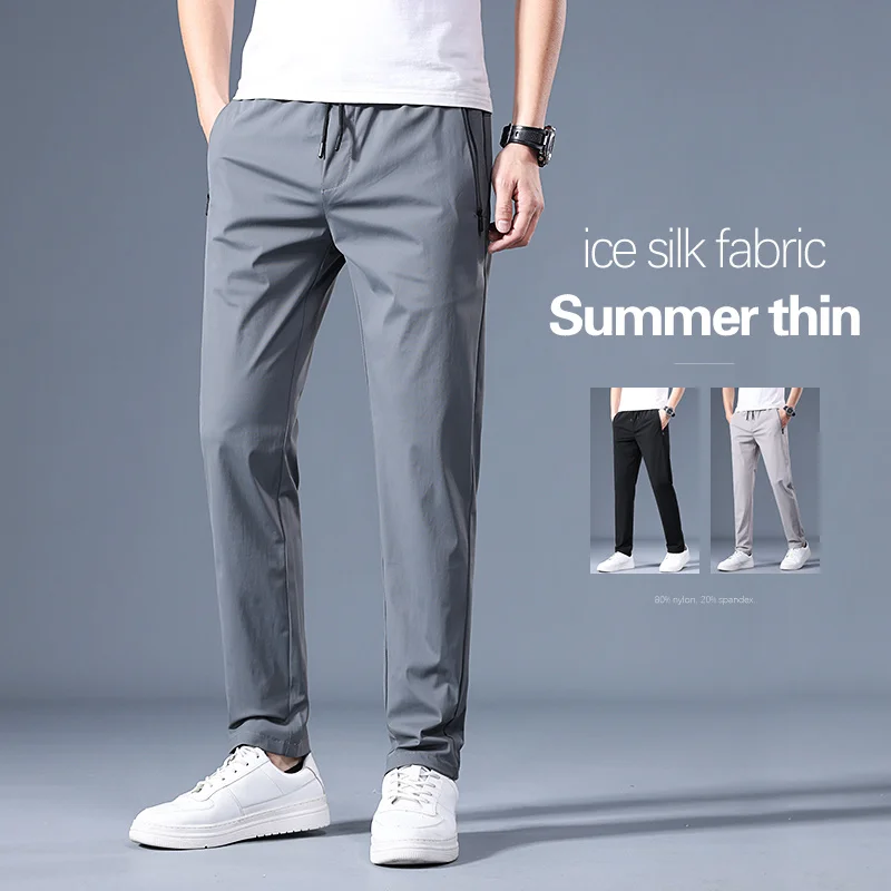 

Summer Soft Ice Silk Fabric Men's Thin Casual Pants Korean-style fashion techwear Straight High Stretch Trousers Male Brand