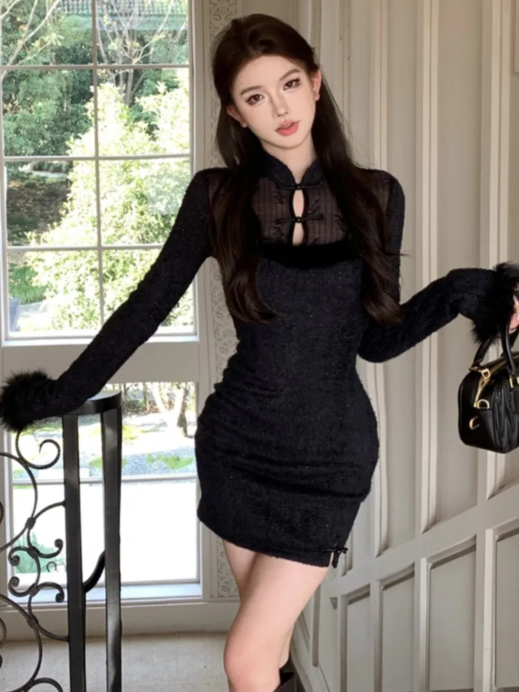 Винтажное мини-платье для женщин в китайском стиле с длинными рукавами