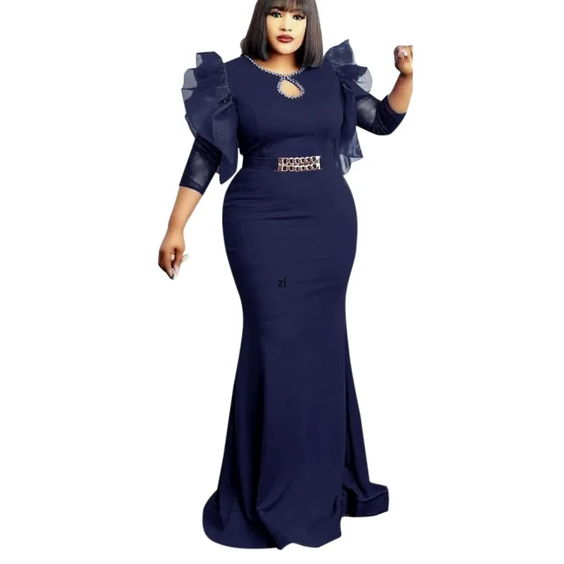 

African Slim Dresses For Women 2022 Elegant Wedding Party Evening Gown Ruffle Sleeve Bodycon Long Dress Nigerian Clothes Robe