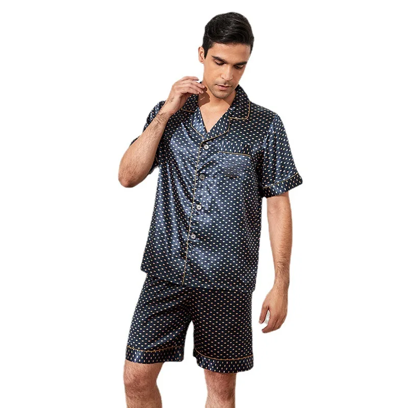 Cozok Ice Silk Silk Men's Pajamas Summer Short Sleeve Shorts Striped Two-Piece Homewear Suit silk pajamas men