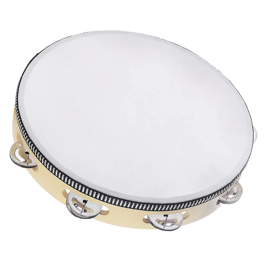 

10 Inch Hand Held Sheepskin Tambourine Drum Bell Birch Metal Jingles Percussion Educational Toy for KTV Party Kids Games (Beige)