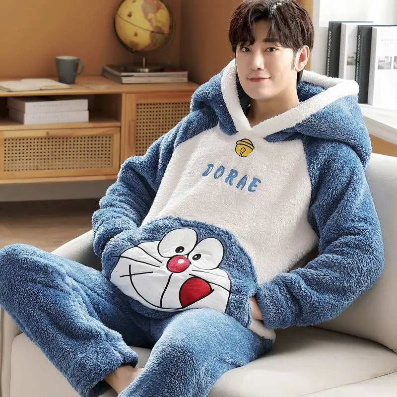 Men's Pajamas In Winter Thickened Hooded Long Sleeved Flannel Suit Boys' Cartoon Home Clothes In Autumn And Winter Sleepwear