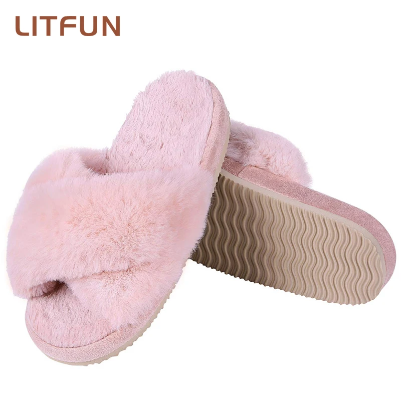 Litfun Fashion indoor Women Furry Slippers Summer Cross Fluffy Fur Home Slides Thick Sole Indoor Floor Shoes Ladies Flip Flops