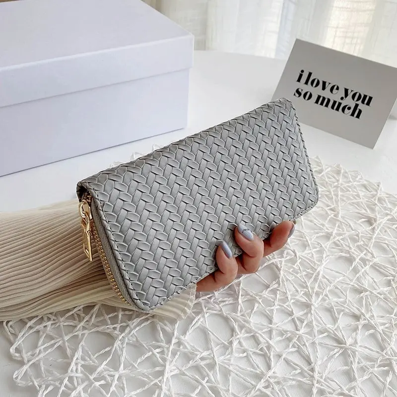 Women Wallet Lady Clutch Leather Weave Zipper Female Wallets Long Length Card Holder Phone Bag Money Coin Pocket Ladies Purses