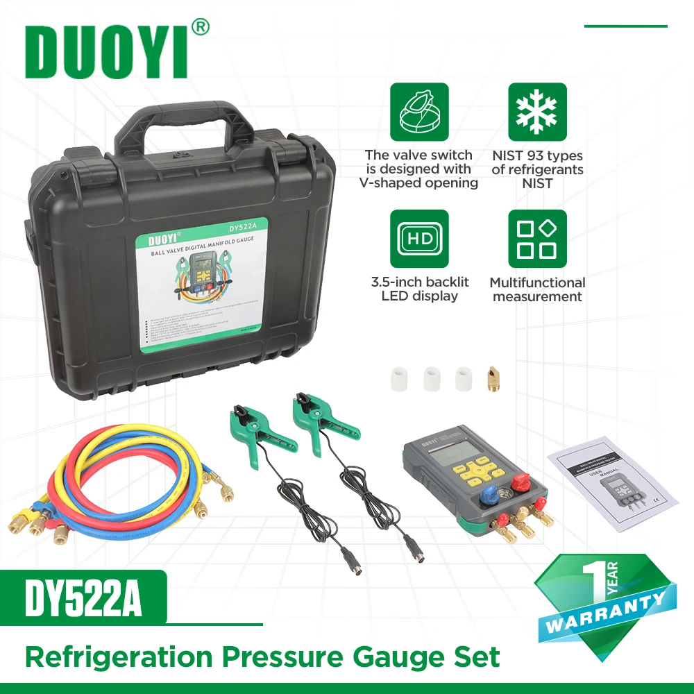 

DUOYI DY522A Digital Manifold Meter Air Conditioning Vacuum Gauge for Refrigeration HVAC Vacuum Pressure Temperature Tester Set