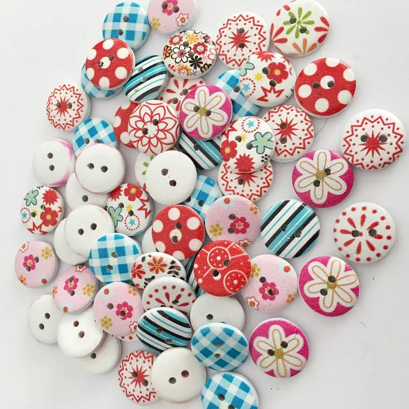 

30pcs 15mm Wood Buttons Mixed Colors Styles Painted Round Shape Scrapbooking For Clothing DIY Craft Decor Sewing Accessories