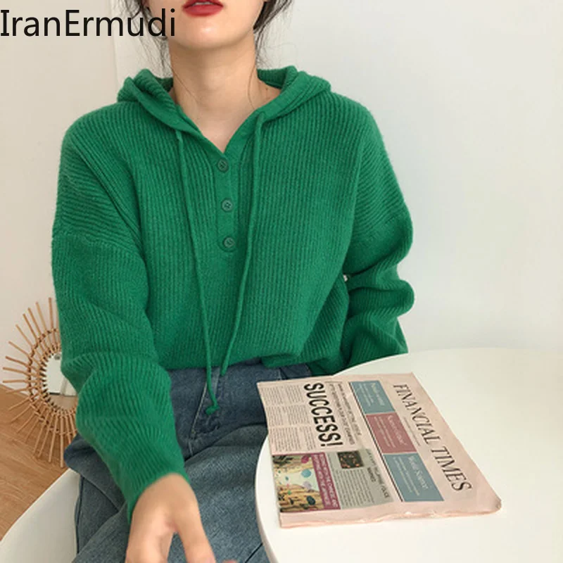 

IranErmudi повседневные свободные женские пуловеры с капюшоном женский осенне-зимний Однотонный свитер в японском стиле шикарные вязаные Джемперы толстый теплый топ