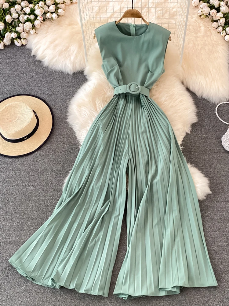 

Fitaylor Summer Women O-neck Sleeveless Pleated Jumpsuits Office Lady Loose Wide Leg Jumpsuits Empire Slim Jumpsuits with Belt