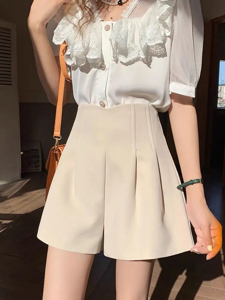 

2023 Summer Shorts Women High-waist Wide Leg Solid Casual Outwear Slim Suit Korean Style A-line Fashion Elegant Trousers W100