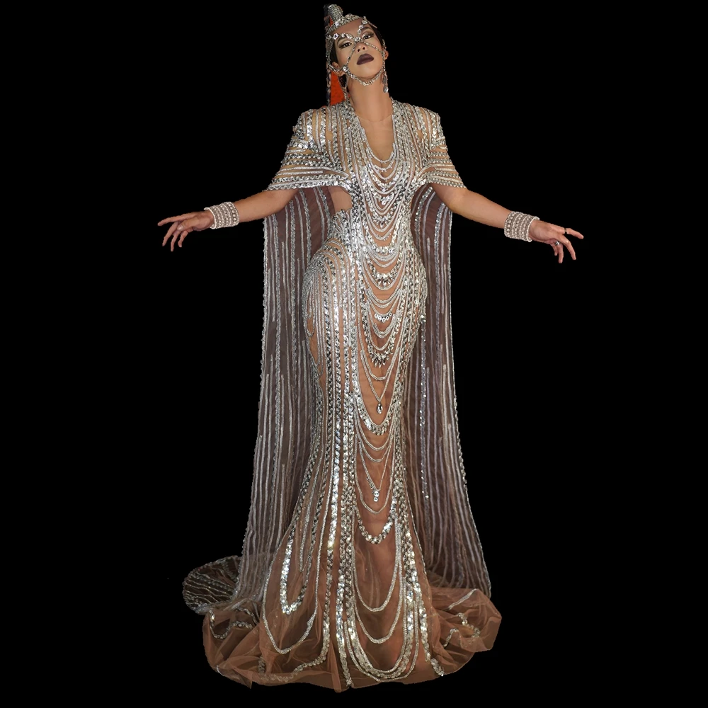 

Sparkly Silver Sequins Rhinestones Mesh Celebrate Evening Prom Gown Long Dress Birthday Outfit Singer Stage Wear Show Costume