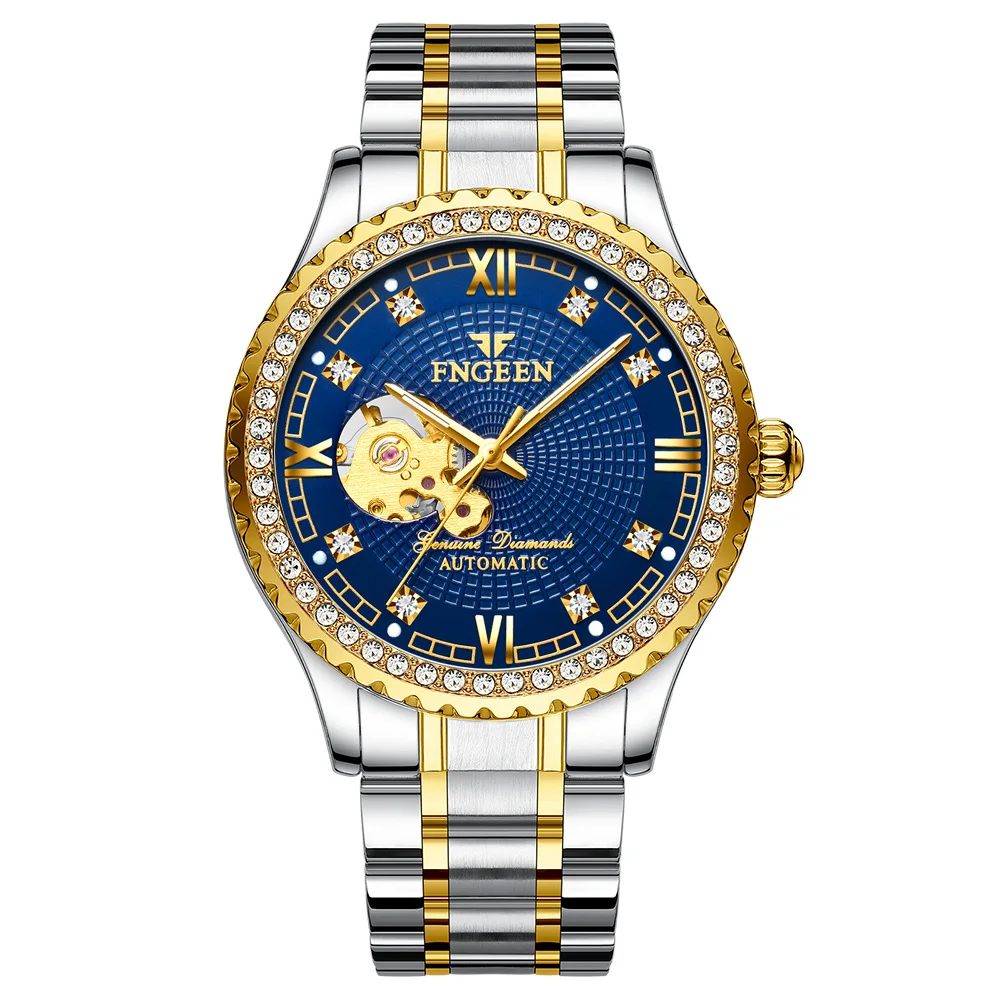 

FNGEEN модный бренд Золотые синие Автоматические Мужские часы-скелетоны механические часы из нержавеющей стали водонепроницаемые светящиеся мужские часы