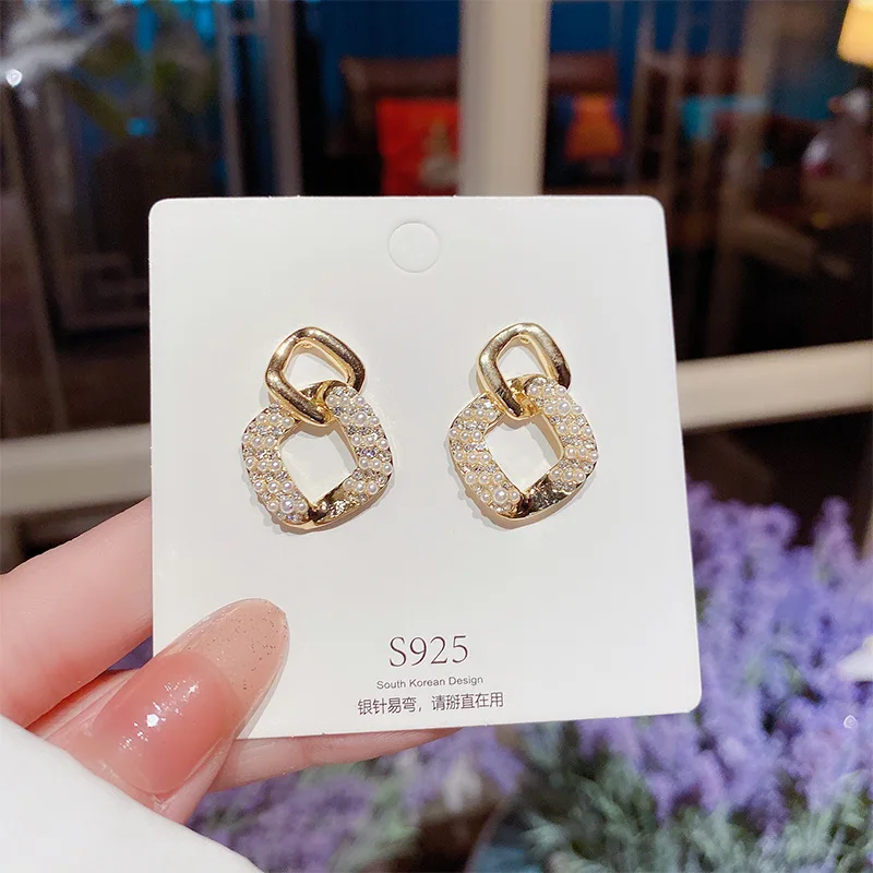 

S925 silver needle diamond pearl xiaoxiangfeng women's Earrings simple light luxury personality trend high sense Pendant