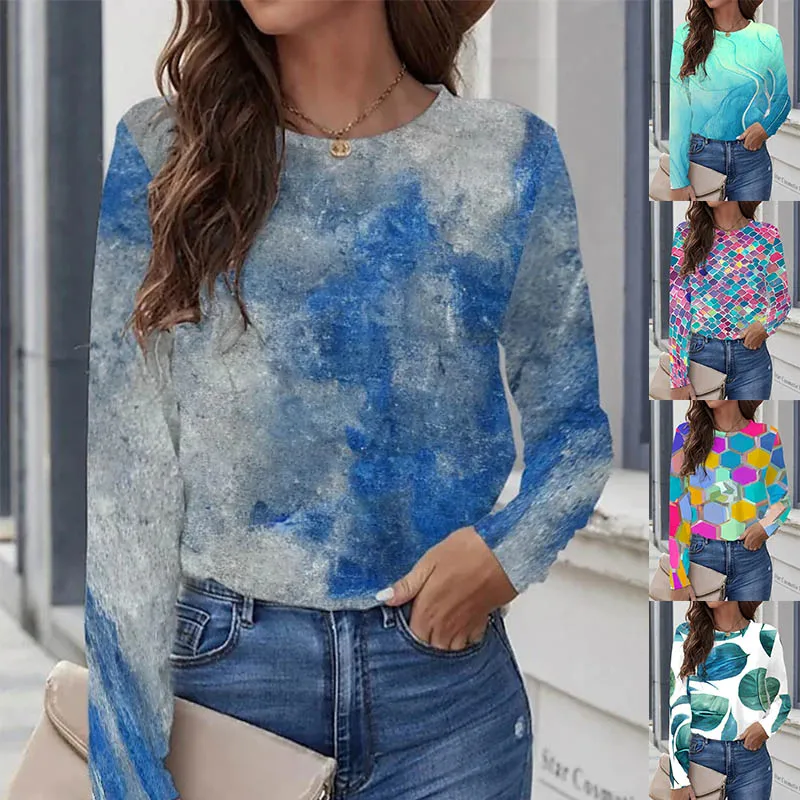 

Женская Винтажная футболка с абстрактным принтом, элегантный свободный топ с круглым вырезом и длинным рукавом, Женский повседневный уличный пуловер, Осень-зима 2022