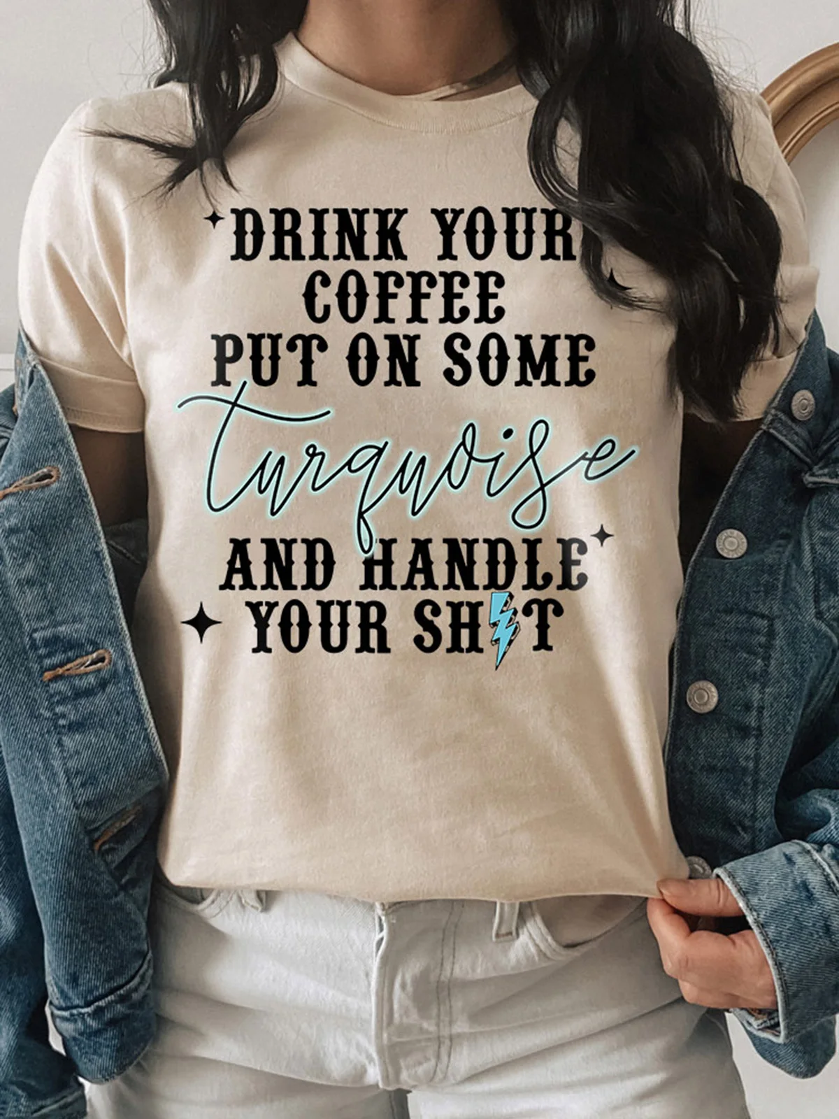

2023 Summer Drink Your Coffee Put On Some Turquoise T-Shirt Tee Outdoor Casual Loose Breathable Jogging Fitness Sports Y2K Tops