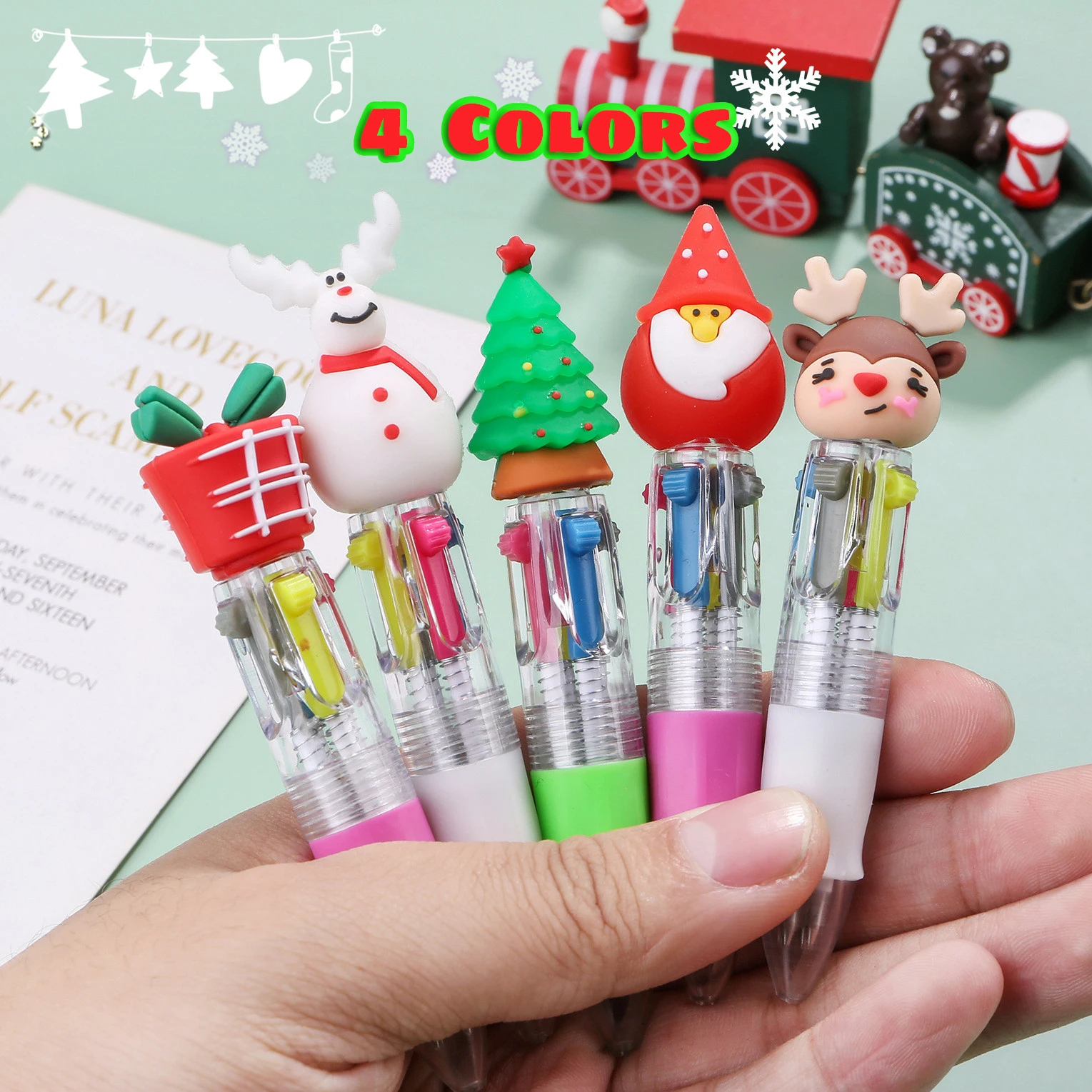 

5Pcs/Lot Kawaii Christmas Pens 4 Color Ballpoint Pen Cute Elk Santa Claus Gift Retractable Pen Stationery School Supplies