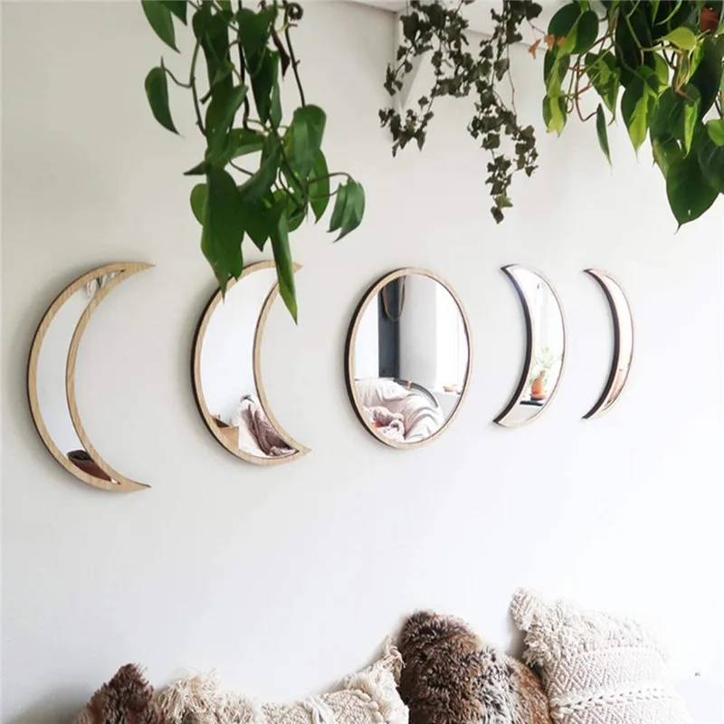 

5 PCS Wooden Acrylic Moon Wall Decorative Mirror Moon Cycle Variation Decorative Wall Mirror Creative Bohemian Mirror